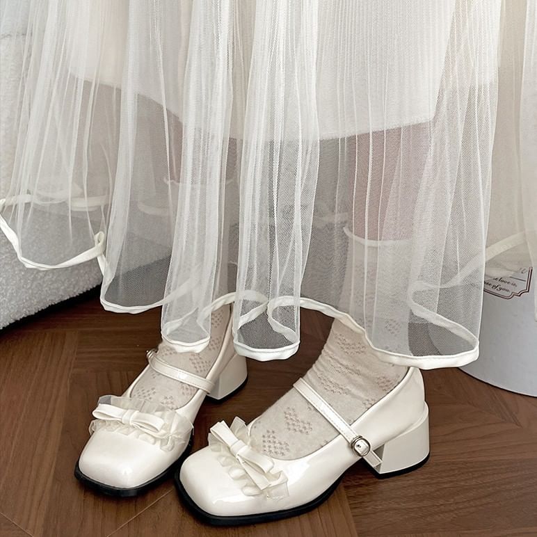 Pumps Square Mary Trim Toe Frill Bow Jane Heel Chunky