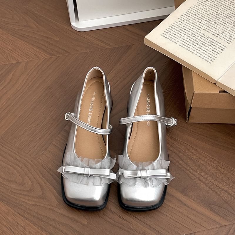 Pumps Square Mary Trim Toe Frill Bow Jane Heel Chunky