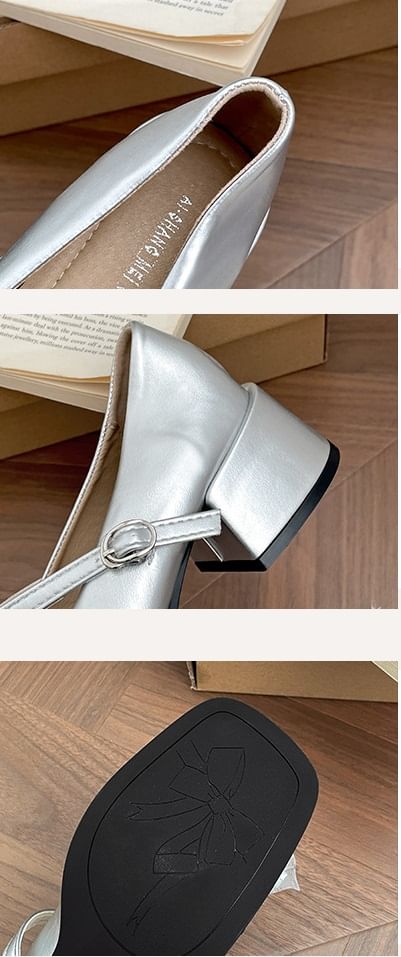 Pumps Square Mary Trim Toe Frill Bow Jane Heel Chunky