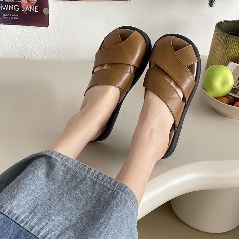 Leather Platform Cutout Sandals Plain Faux