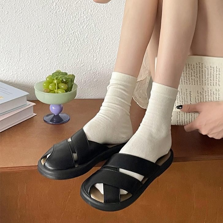 Leather Platform Cutout Sandals Plain Faux