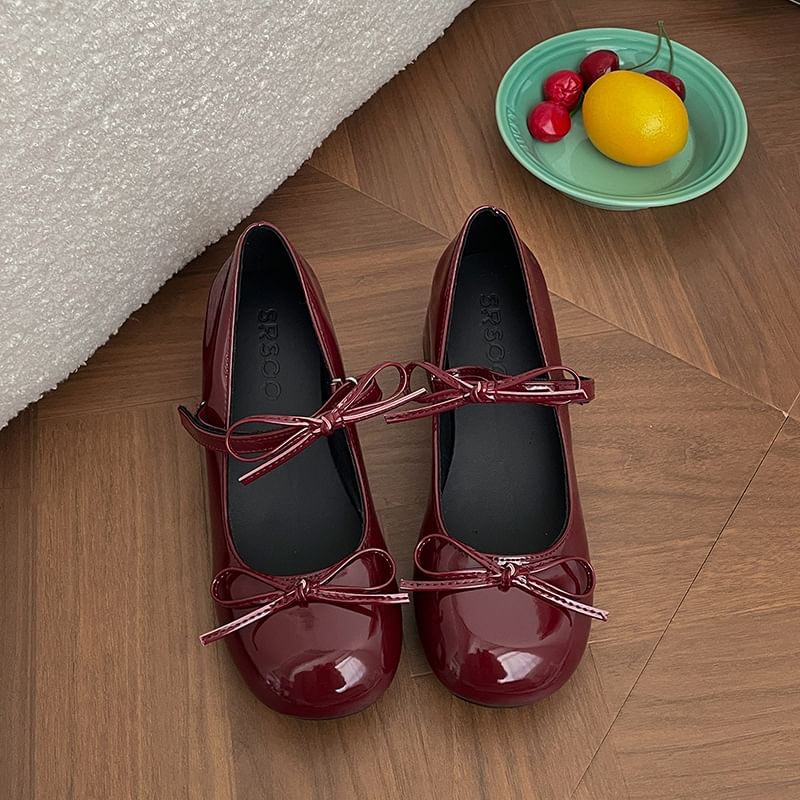 Bow Faux Leather Chunky Pumps Heel Jane Mary