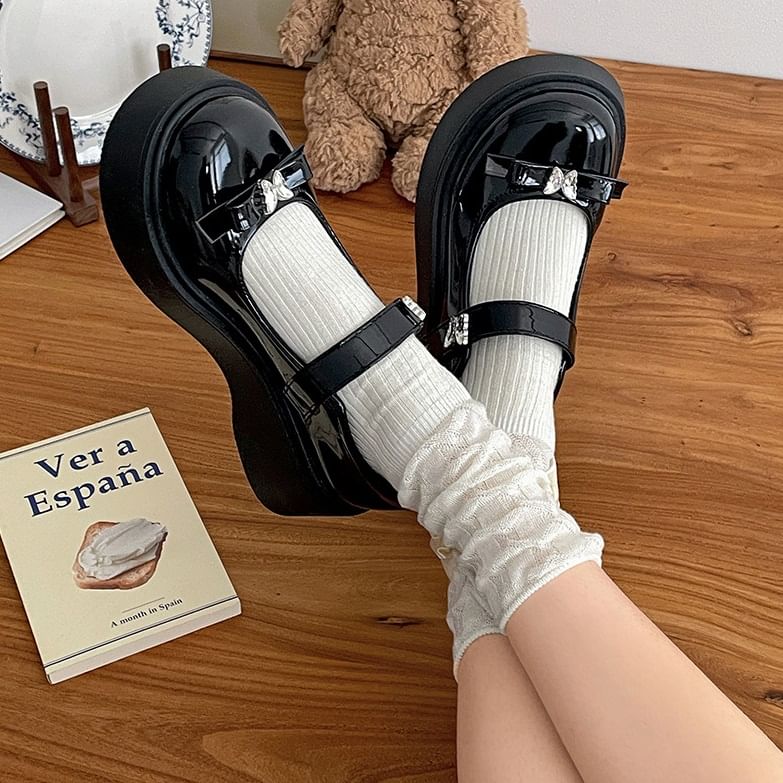 Butterfly Shoes Platform Leather Mary Patent Bow Jane