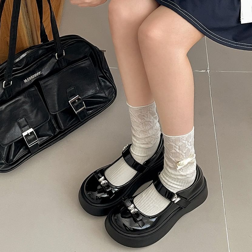 Butterfly Shoes Platform Leather Mary Patent Bow Jane