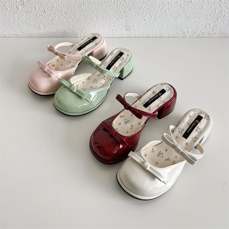 Bow Chunky Heel Leather Patent Sandals
