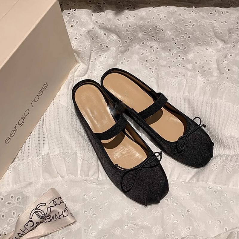 Mary Satin Mules Hidden Jane Bow Toe Wedge Round