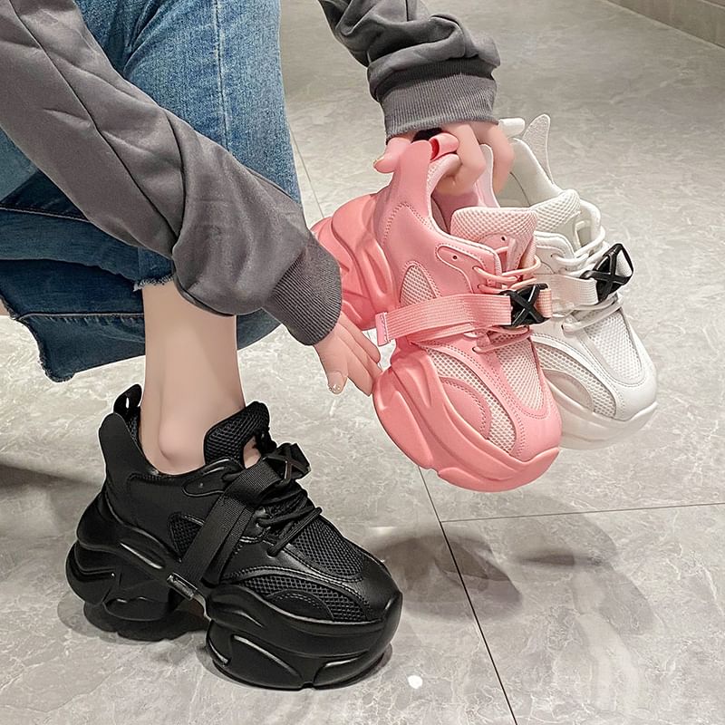 Mesh Sneakers Buckled Lace-Up Platform