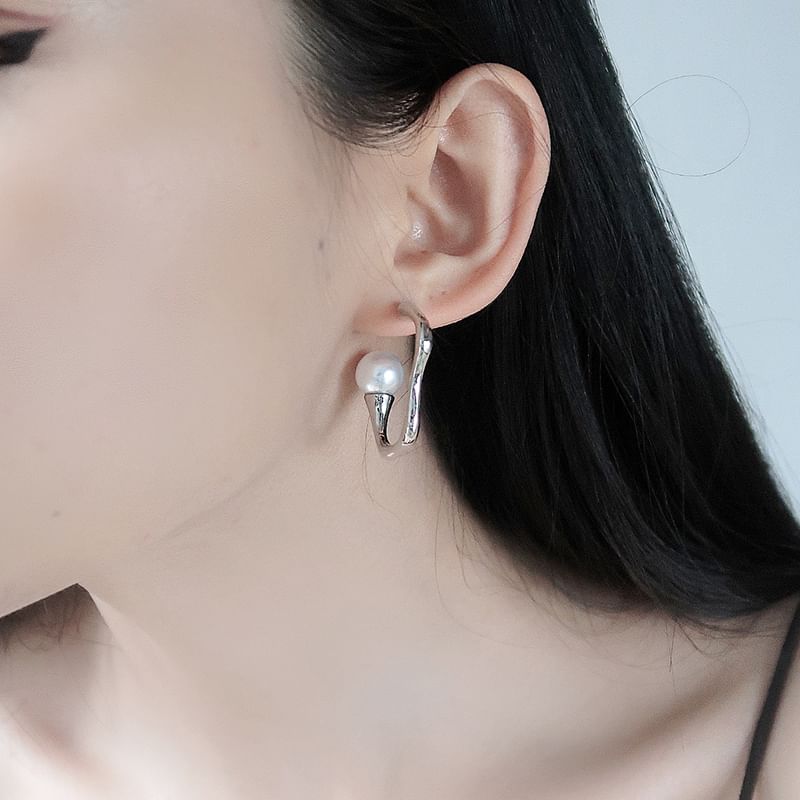 Faux Pearl Open Irregular Alloy Hoop Earring