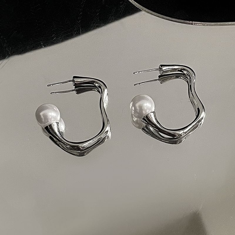 Faux Pearl Open Irregular Alloy Hoop Earring