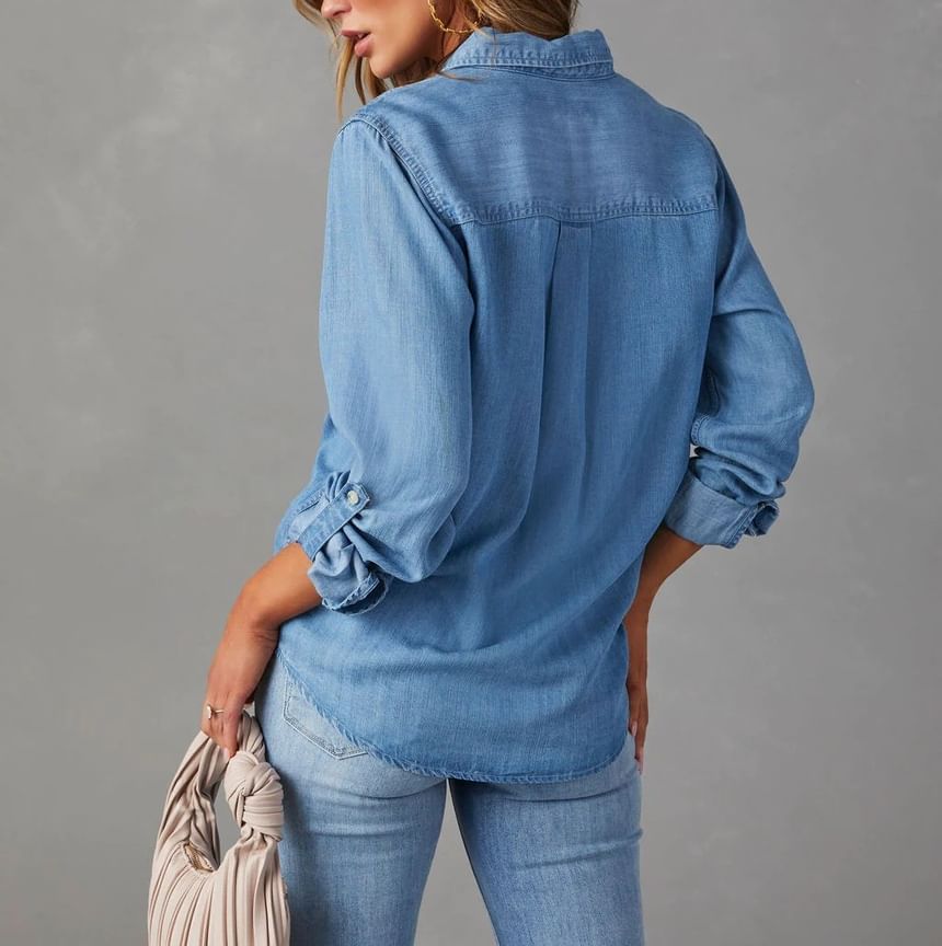 Sleeve V-Neck Long Loose-Fit Shirt Denim