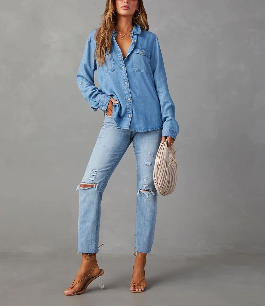 Sleeve V-Neck Long Loose-Fit Shirt Denim