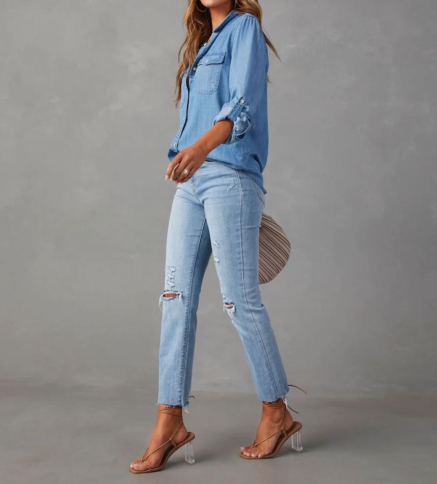 Sleeve V-Neck Long Loose-Fit Shirt Denim