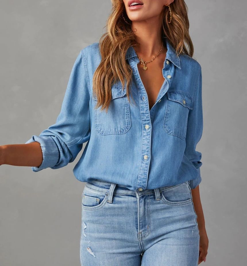 Sleeve V-Neck Long Loose-Fit Shirt Denim