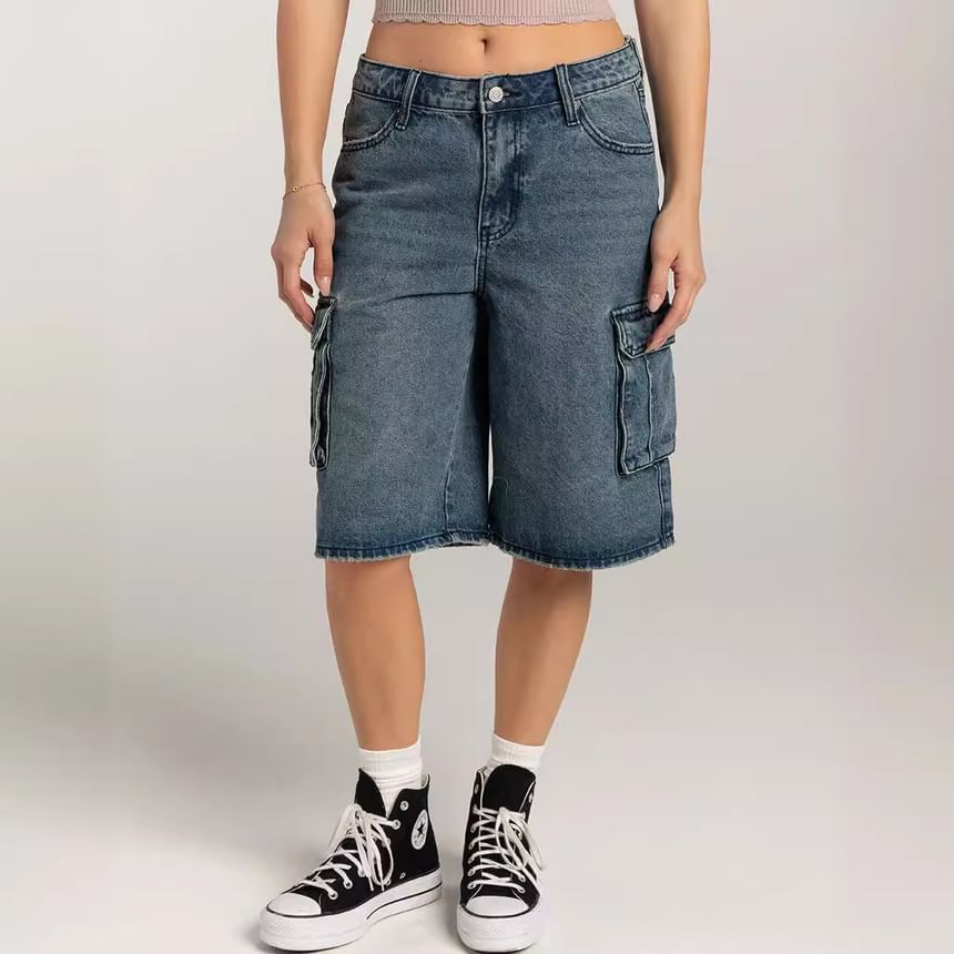 Washed Wide-Leg Pocket Denim Low Waist Shorts