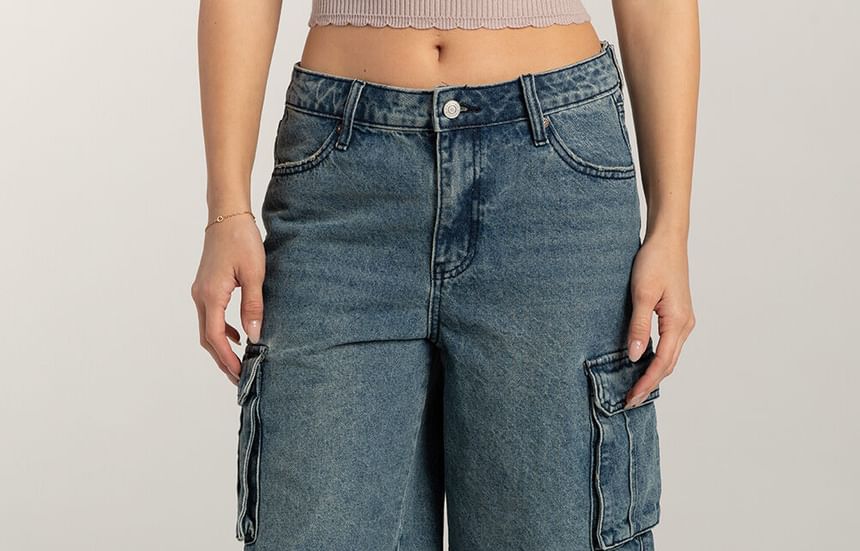 Waist Wide-Leg Denim Pocket Shorts Low Washed