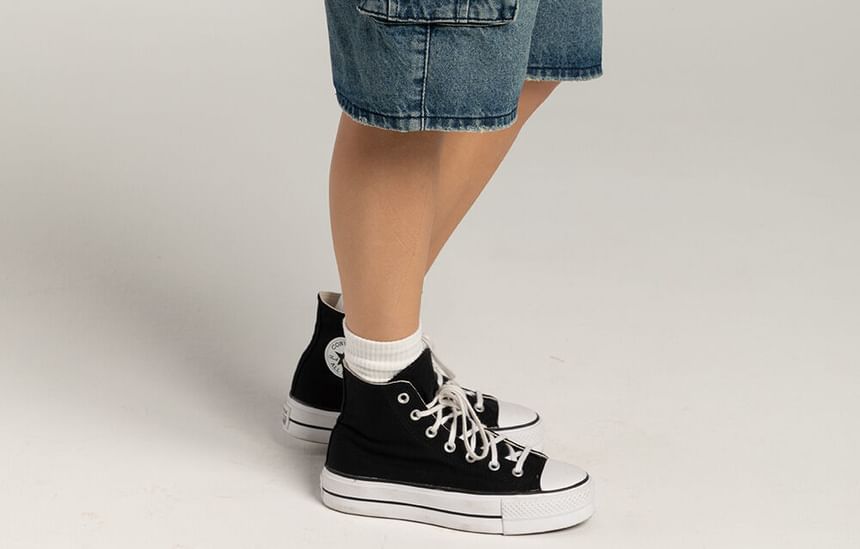 Waist Wide-Leg Denim Pocket Shorts Low Washed