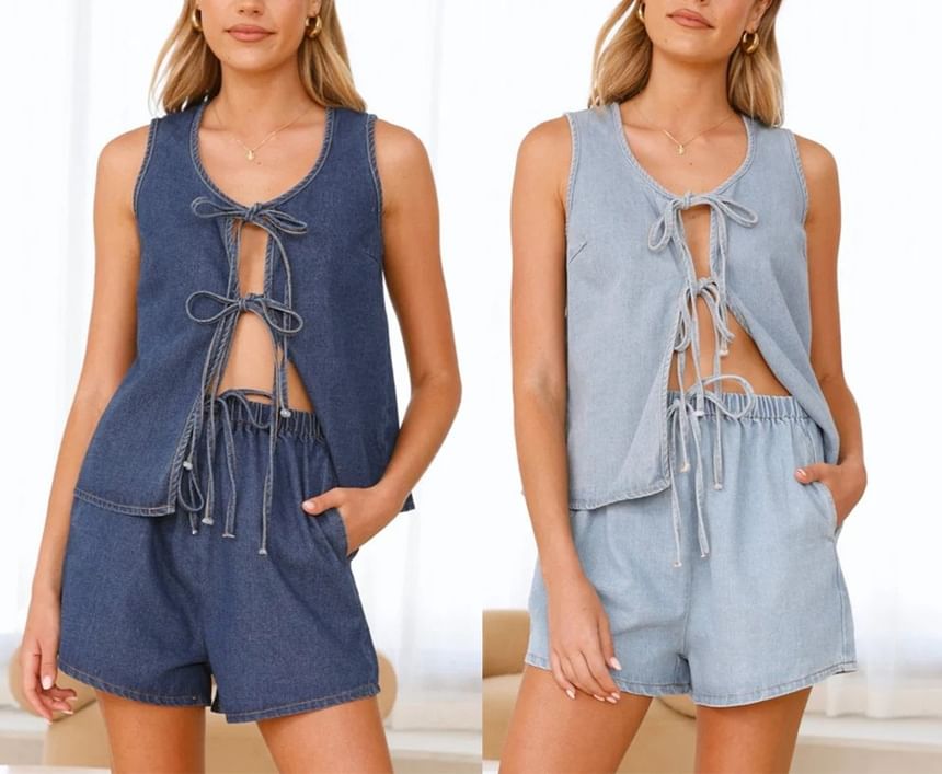 Tank Top V-Neck Denim Shorts + Set: Waist High Wide-Leg Tie-Front Mini