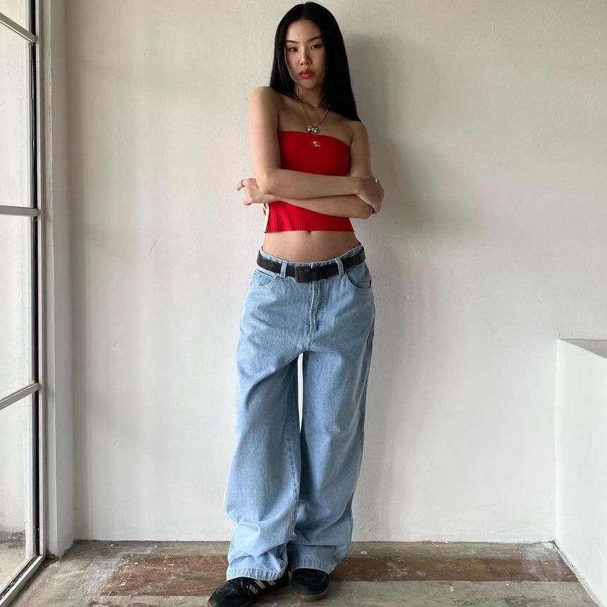 Low Washed Rise Jeans Wide-Leg Loose-Fit
