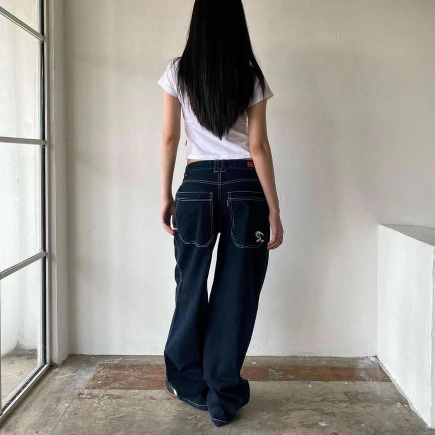 Low Washed Rise Jeans Wide-Leg Loose-Fit