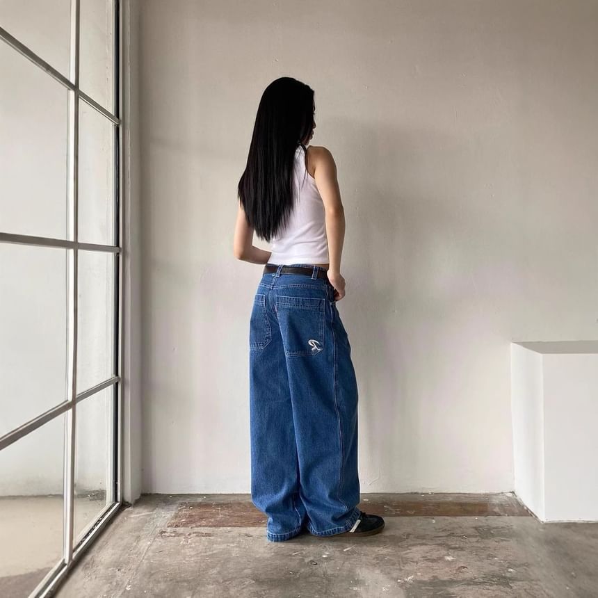 Low Washed Rise Jeans Wide-Leg Loose-Fit