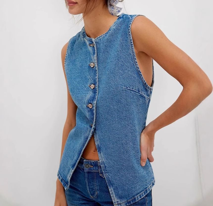 Button-Up Denim Slim-Fit Top Tank Washed