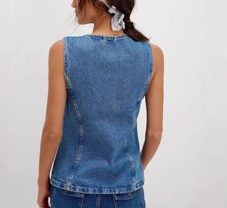 Button-Up Denim Slim-Fit Top Tank Washed