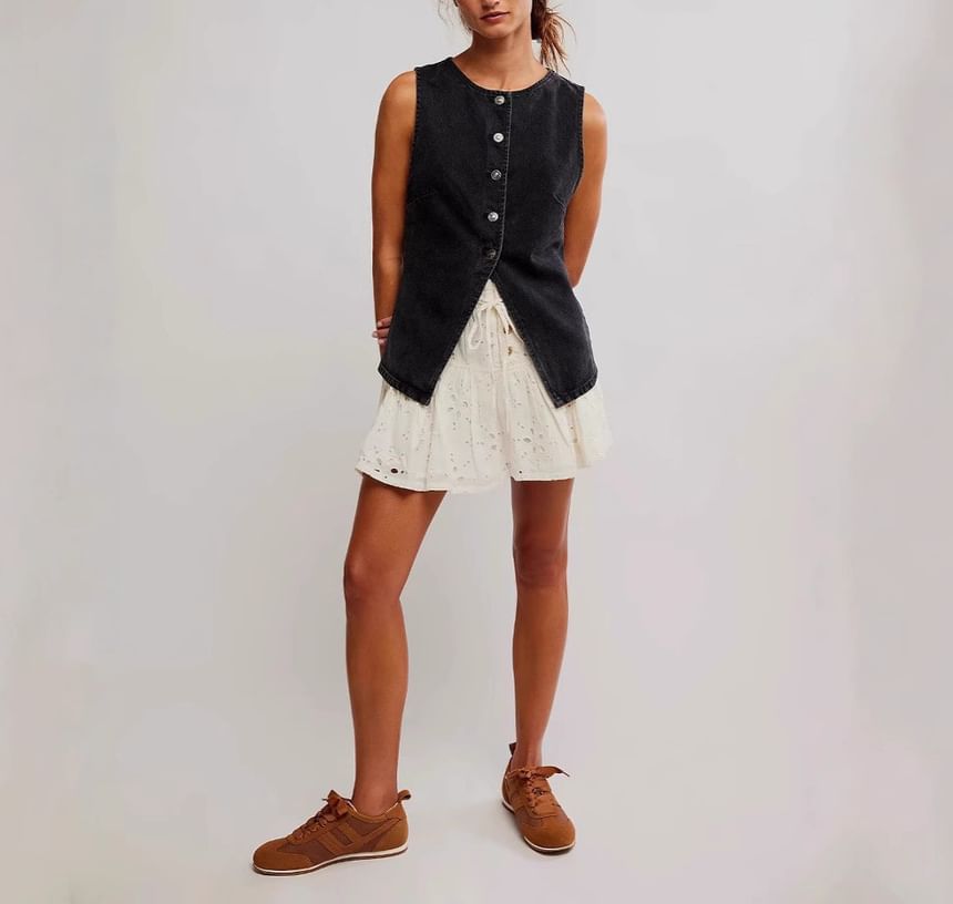 Washed Top Denim Button-Up Tank Slim-Fit