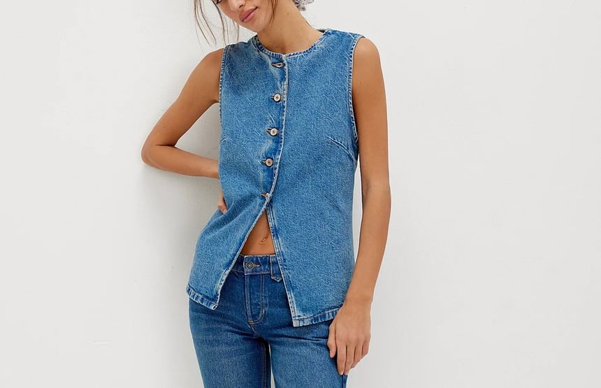 Button-Up Denim Slim-Fit Top Tank Washed
