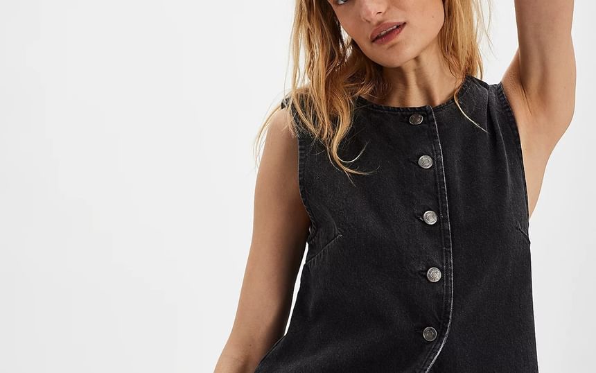 Washed Top Denim Button-Up Tank Slim-Fit