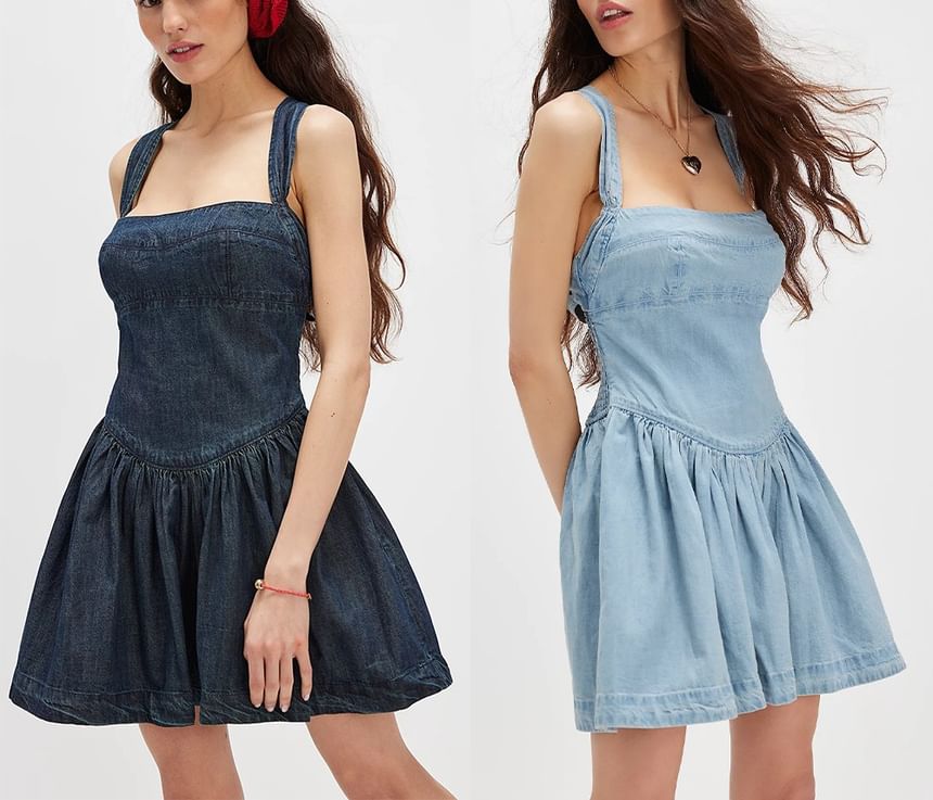 Sleeveless Mini Square-Neck Washed Dress Slim-Fit Denim