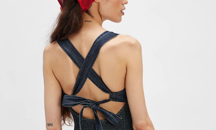 Square-Neck Slim-Fit Denim Dress Sleeveless Washed Mini