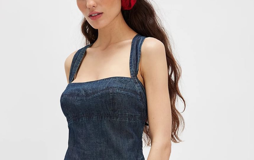 Square-Neck Slim-Fit Denim Dress Sleeveless Washed Mini