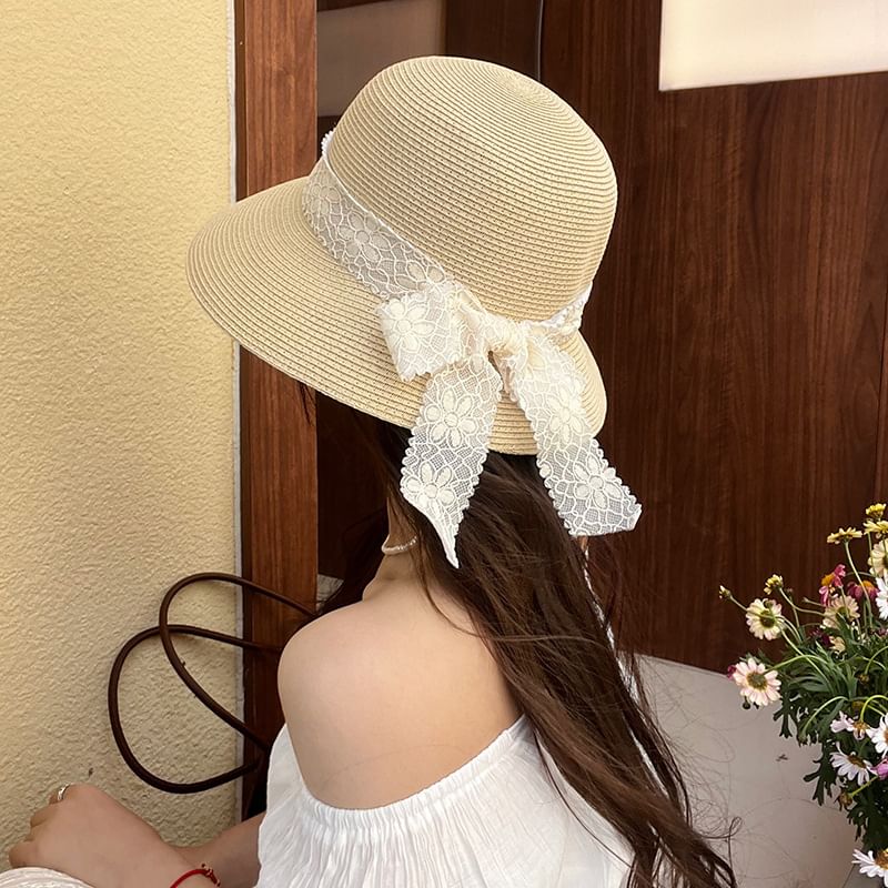 Straw Bucket Lace Ribbon Hat