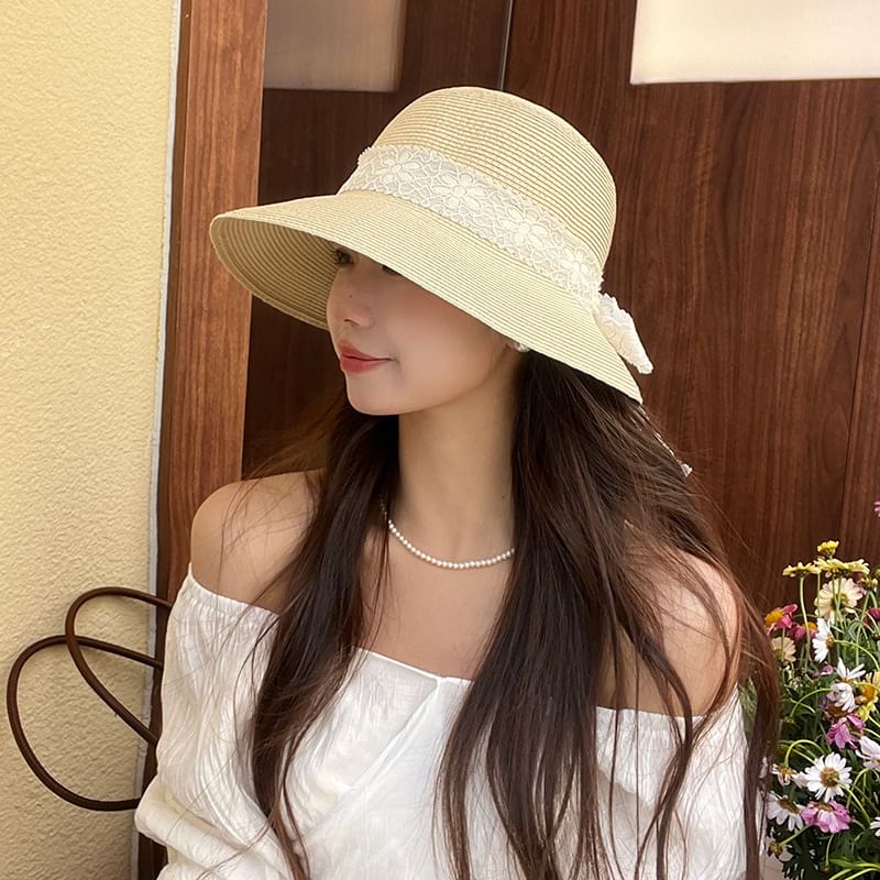 Straw Bucket Lace Ribbon Hat