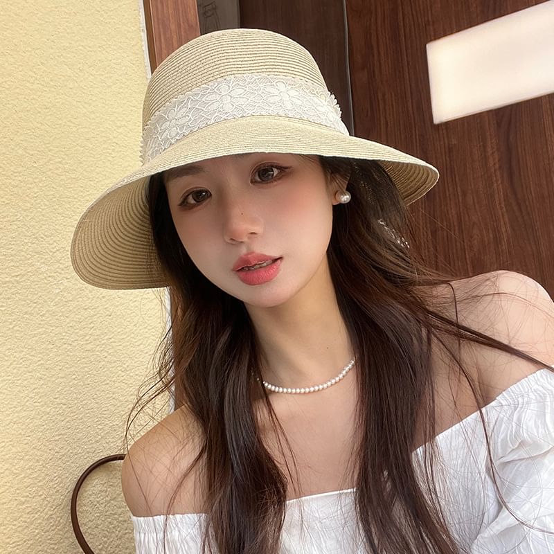 Straw Bucket Lace Ribbon Hat