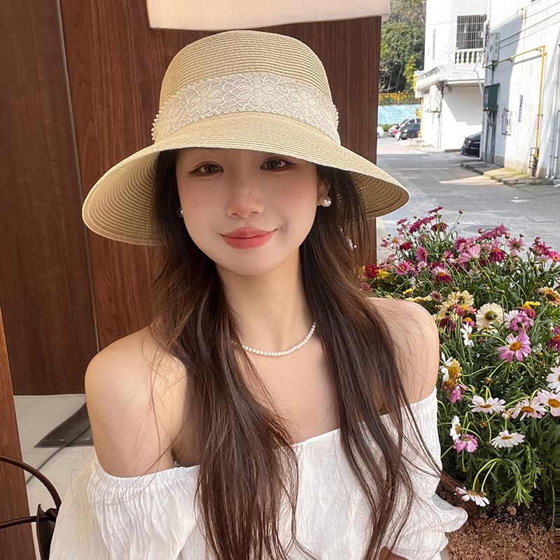 Straw Bucket Lace Ribbon Hat