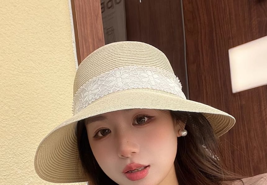 Straw Bucket Lace Ribbon Hat