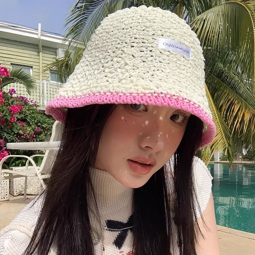 Applique Contrast Bucket Lettering Hat Knit Trim