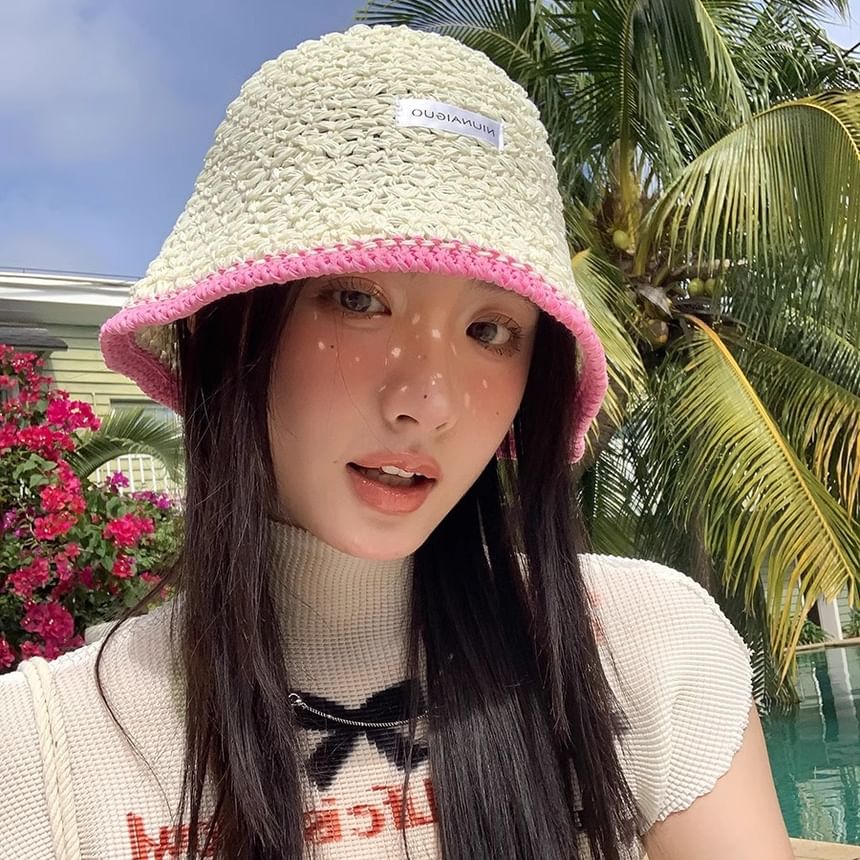 Applique Contrast Bucket Lettering Hat Knit Trim