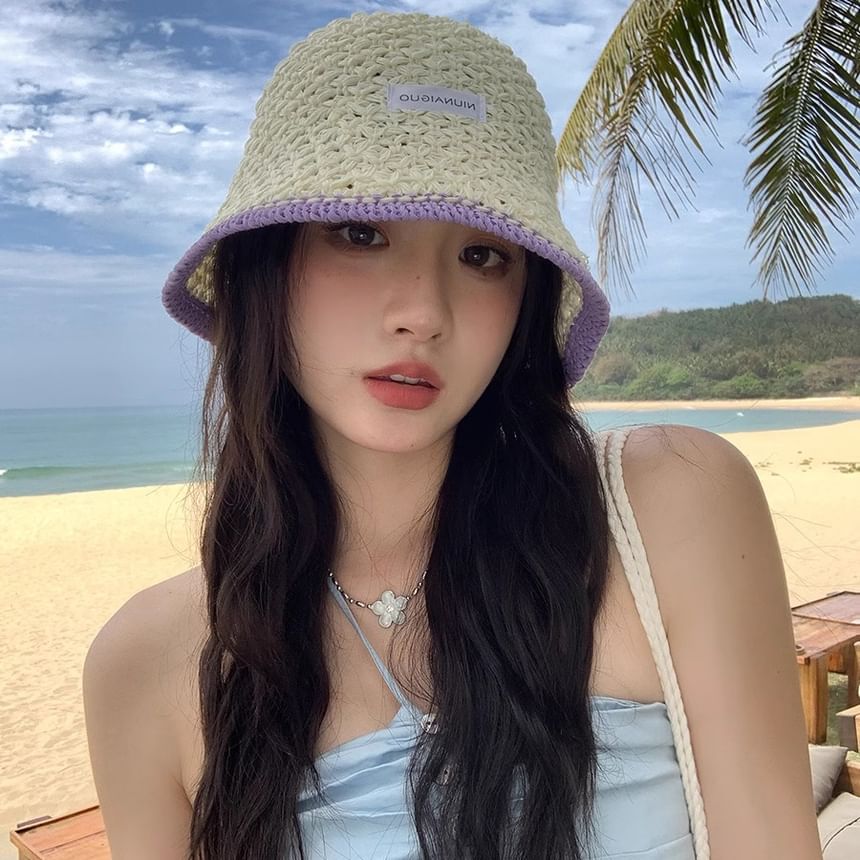 Applique Contrast Bucket Lettering Hat Knit Trim