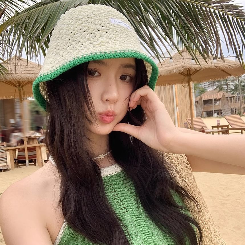 Applique Contrast Bucket Lettering Hat Knit Trim