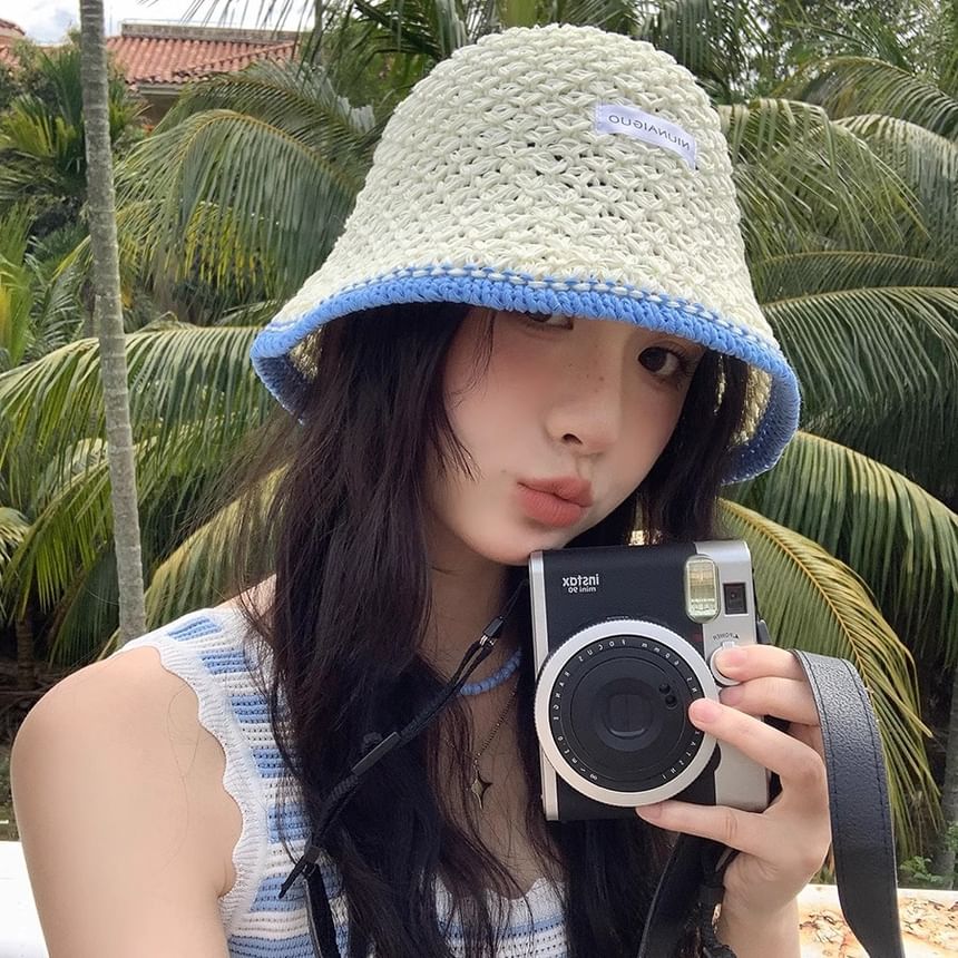 Applique Contrast Bucket Lettering Hat Knit Trim