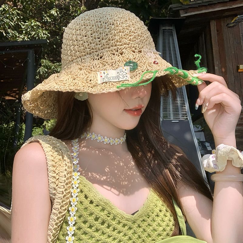 Straw Hat Contrast Sun Stitching