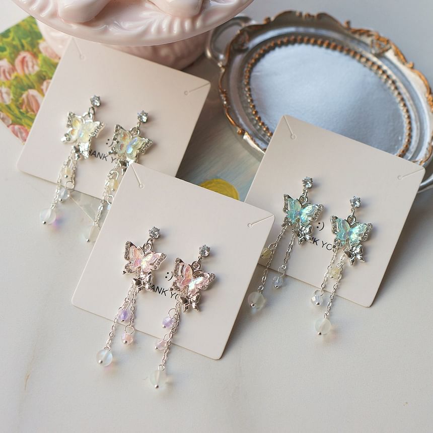 Butterfly Drop Bead / Sterling 925 Silver Clip-On Earring