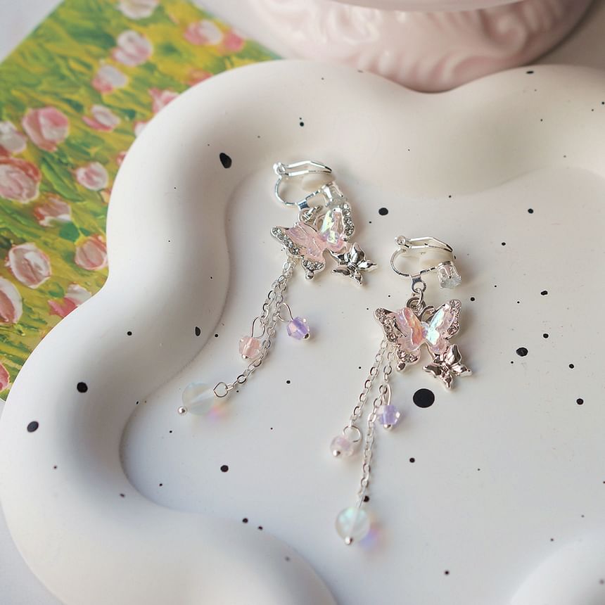 Butterfly Drop Bead / Sterling 925 Silver Clip-On Earring