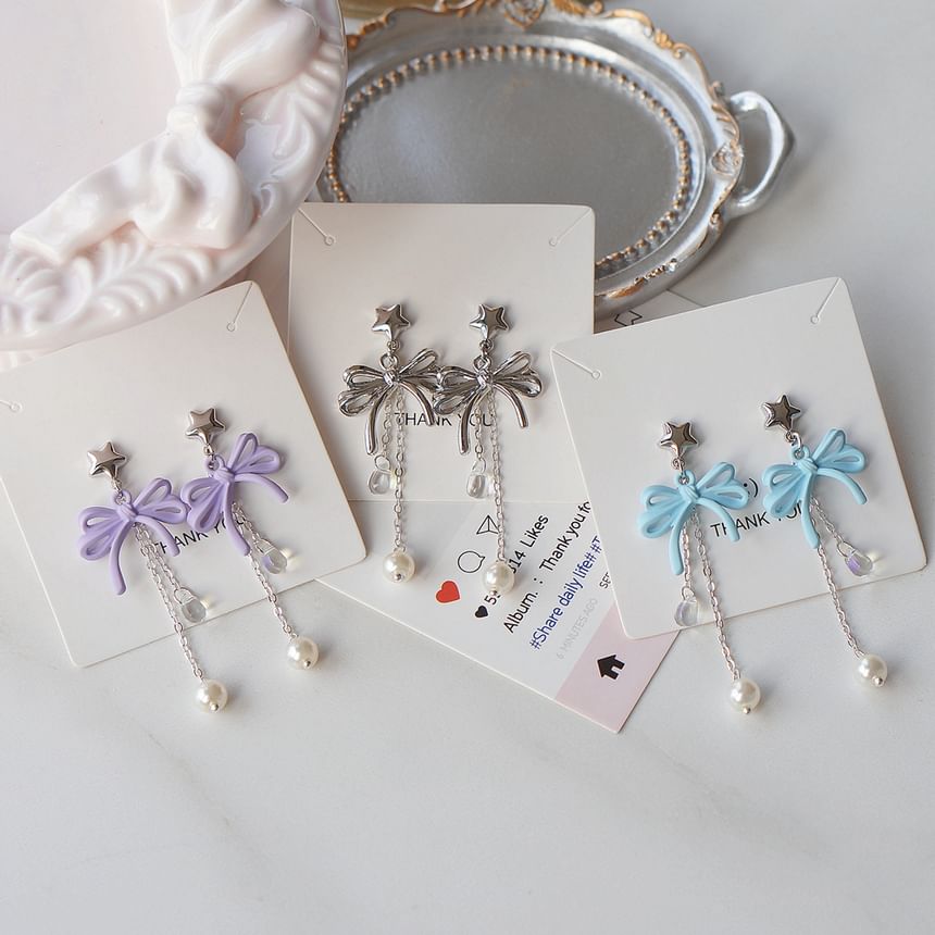 Drop Earring Faux Sterling Silver Bow Clip-On Pearl / 925