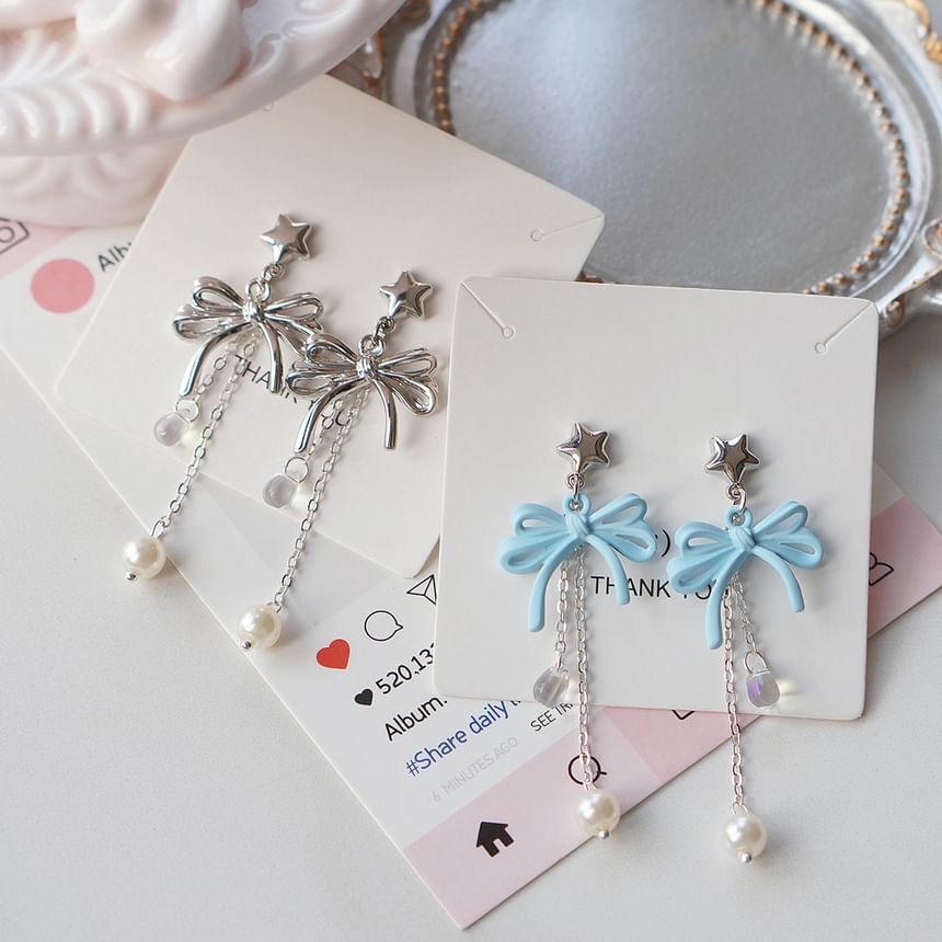 Drop Earring Faux Sterling Silver Bow Clip-On Pearl / 925