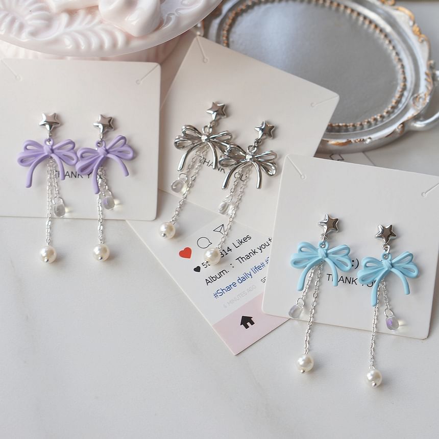 Drop Earring Faux Sterling Silver Bow Clip-On Pearl / 925