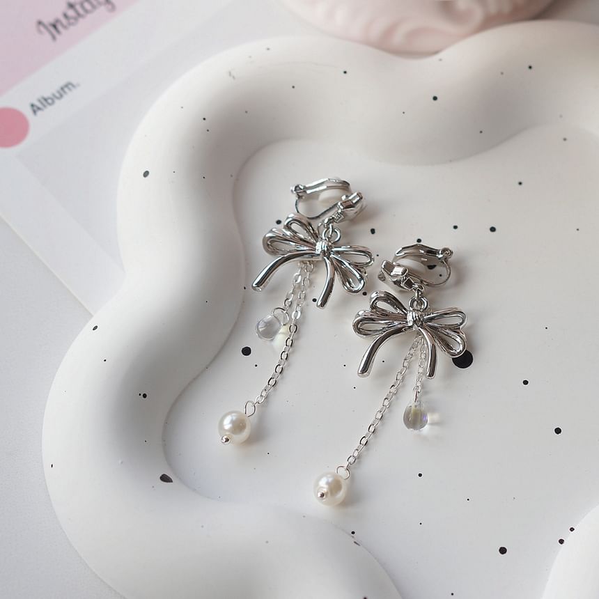 Drop Earring Faux Sterling Silver Bow Clip-On Pearl / 925