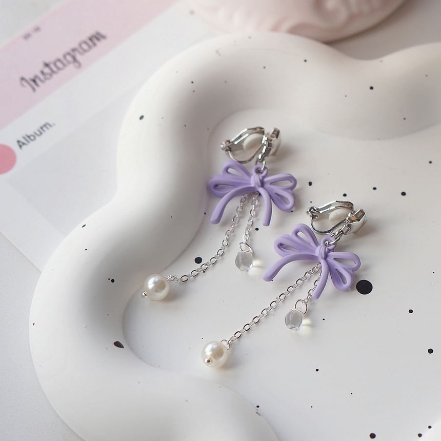 Drop Earring Faux Sterling Silver Bow Clip-On Pearl / 925